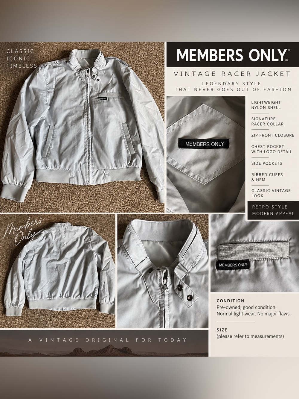 Members Only Light Gray Men's Vintage Racer Bomber Jacket — Large